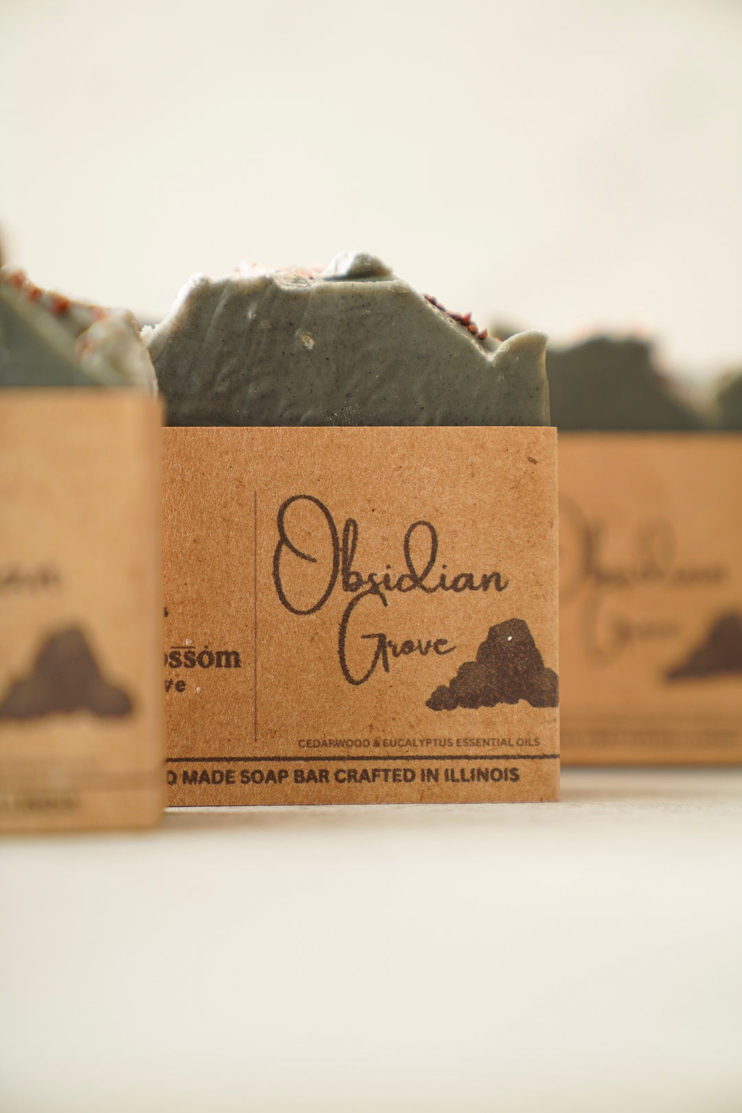 Obsidian Grove soap bars in kraft paper wrap, row of bars with dark grey tops