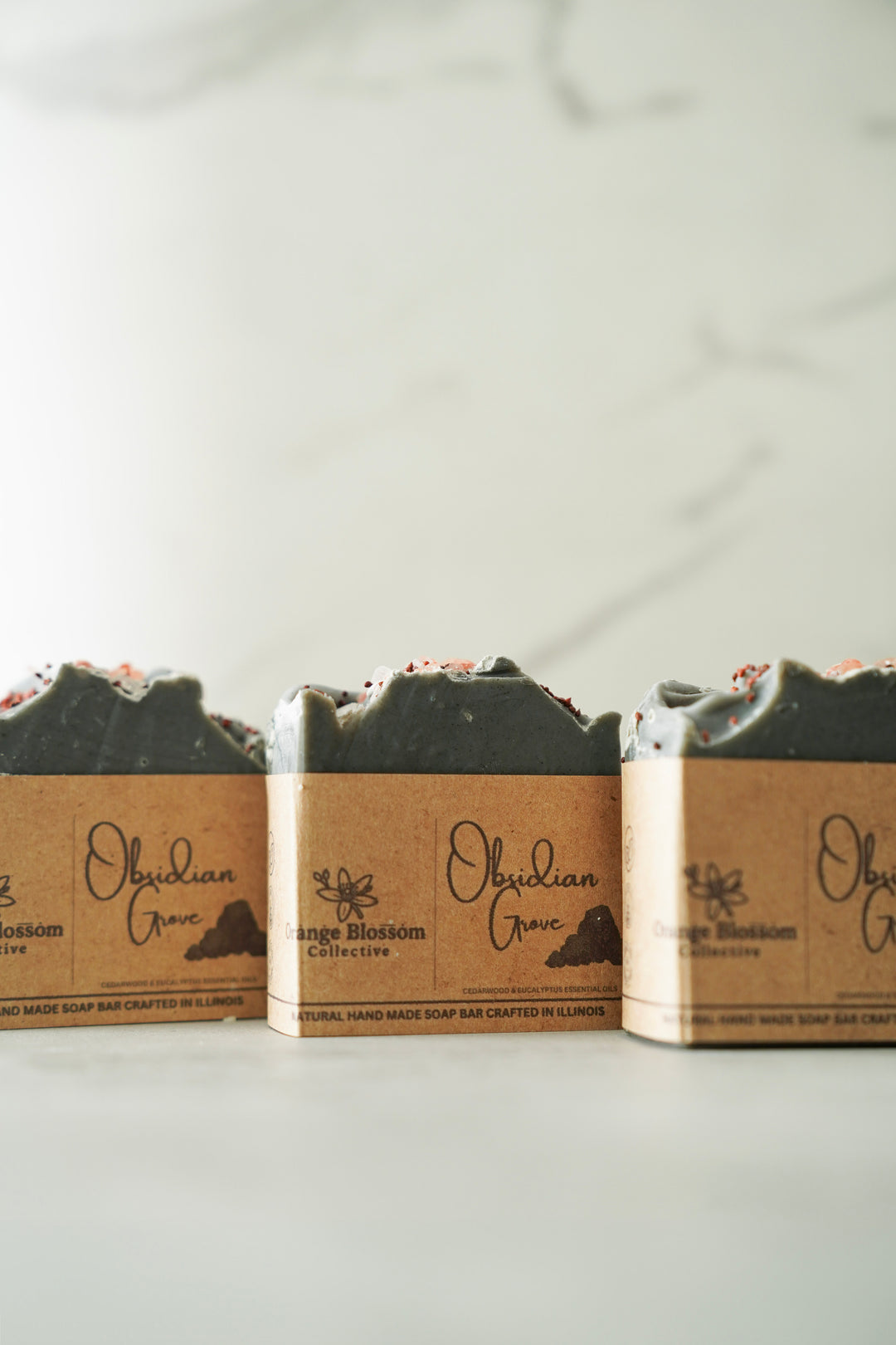 Three Obsidian Grove soap bars standing upright side by side, kraft wrap and dark tops visible
