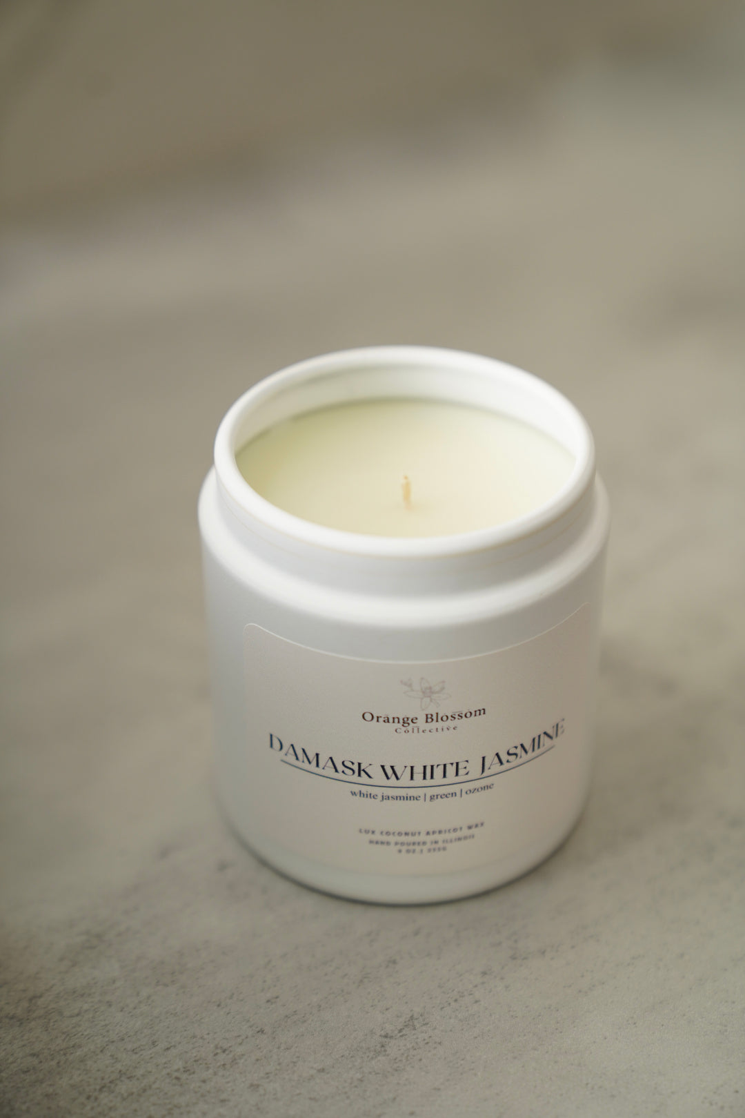 Damask White Jasmine candle jar, close-up angled view