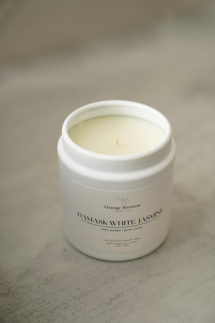Damask White Jasmine candle jar, close-up angled view