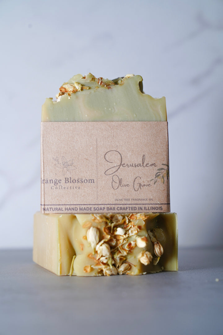 Jerusalem Olive Grove soap bar close up oat topped green natural ingredients OBC handmade Illinois