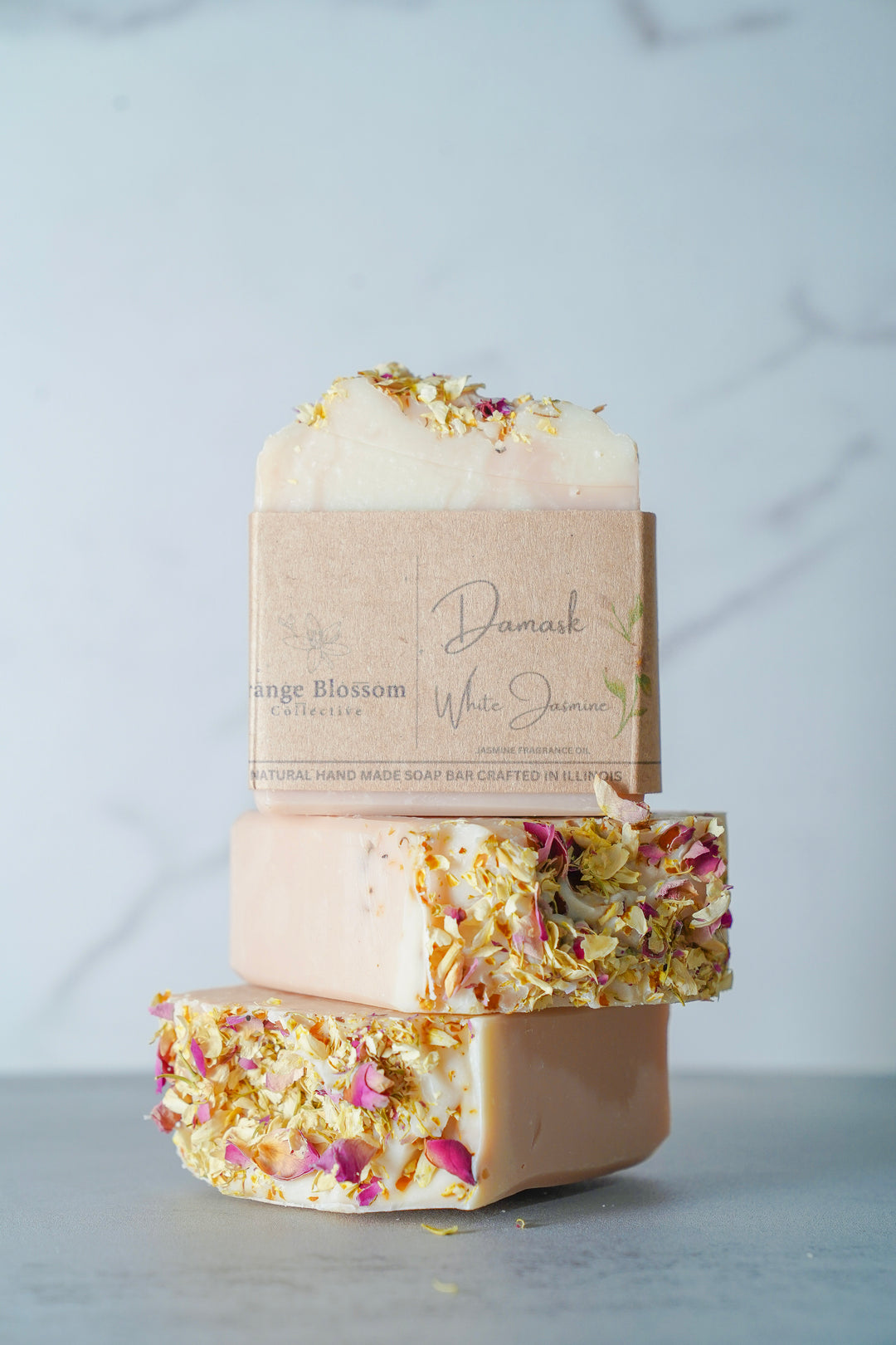 Damask Rose handmade soap bar stacked rose petals natural ingredients Orange Blossom Collective handmade Illinois