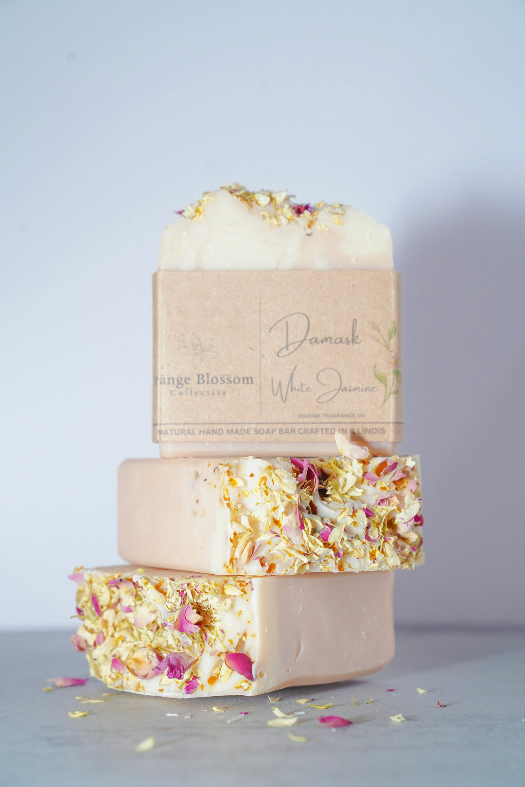 Damask Rose handmade soap bar close up rose petal topped natural OBC Illinois