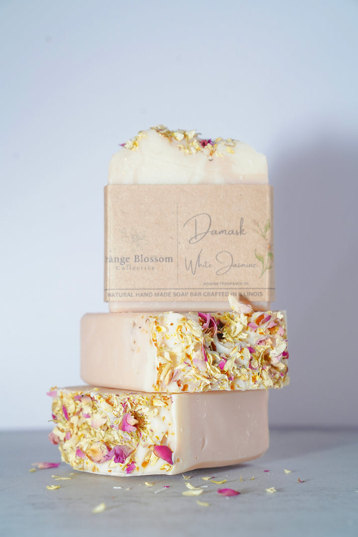 Damask Rose handmade soap bar close up rose petal topped natural OBC Illinois