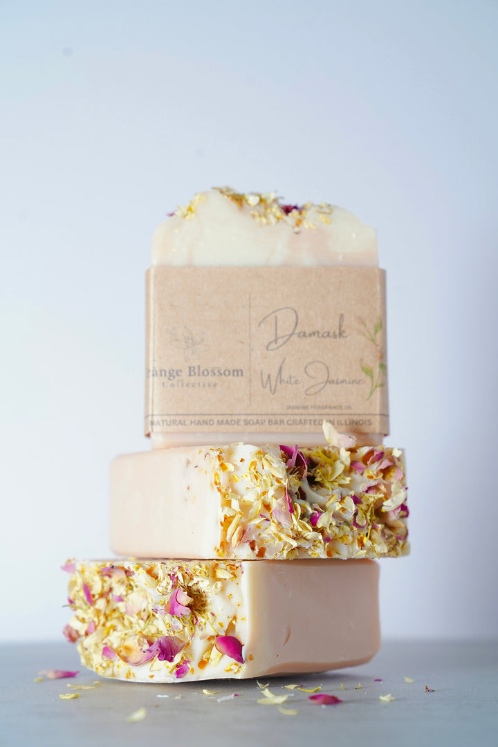 Damask Rose soap bar angle view dried florals natural handmade Orange Blossom Collective