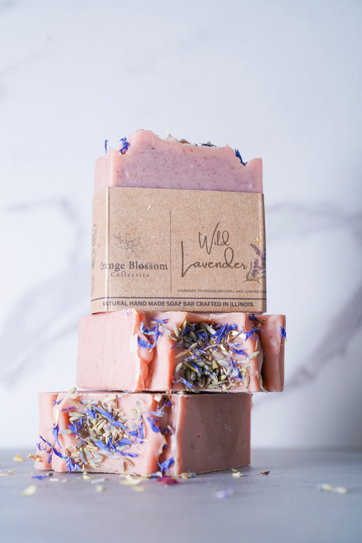 Wild Lavender soap bar angle view pink bar dried lavender botanicals handmade Orange Blossom Collective