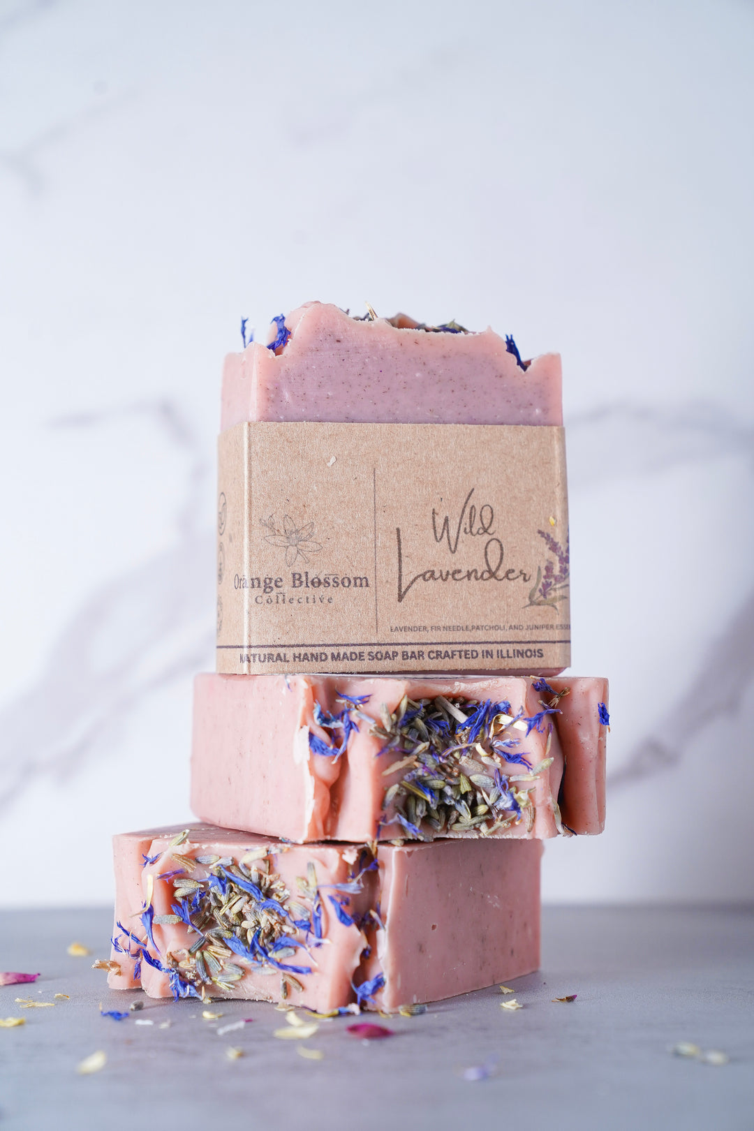 Wild Lavender handmade soap bar stacked lavender fir needle patchouli juniper natural Orange Blossom Collective Illinois