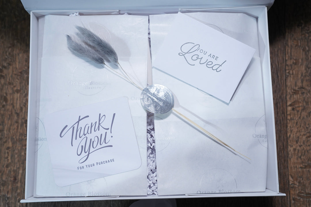 Damask Jasmine Luxe Box thank you card OBC tissue paper gift presentation handmade Illinois Orange Blossom Collective