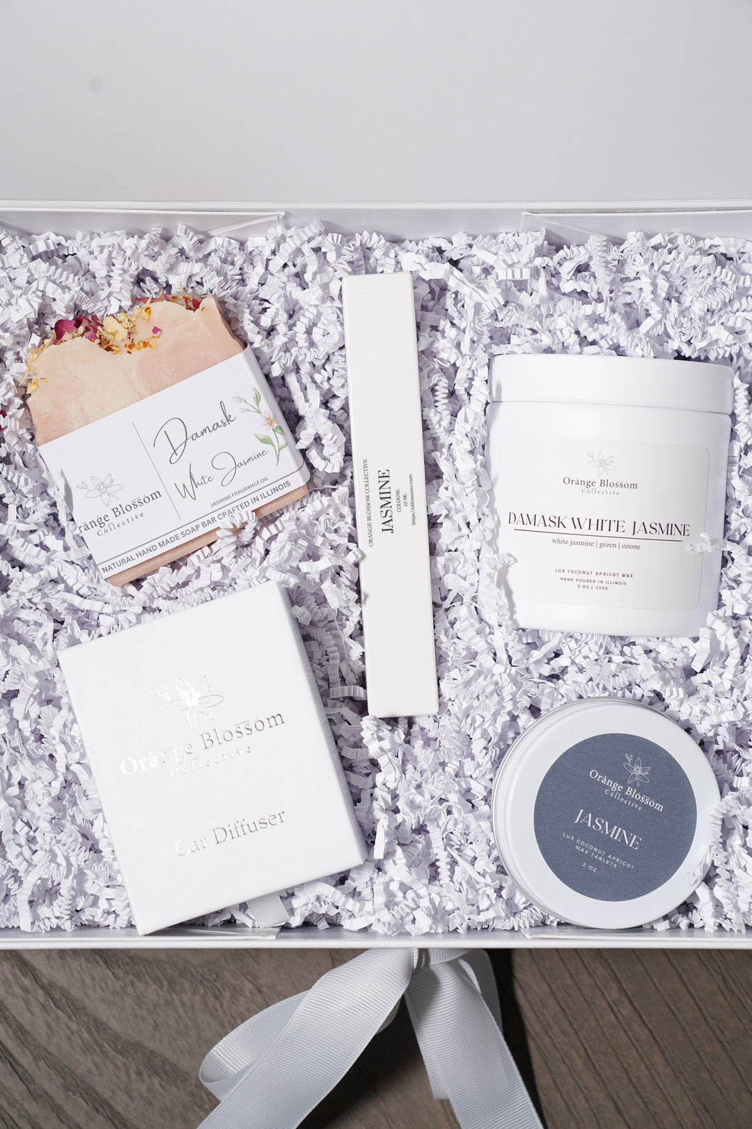 Damask Jasmine Luxe Box open flat lay candle cologne soap car diffuser wax melt white crinkle paper Orange Blossom Collective