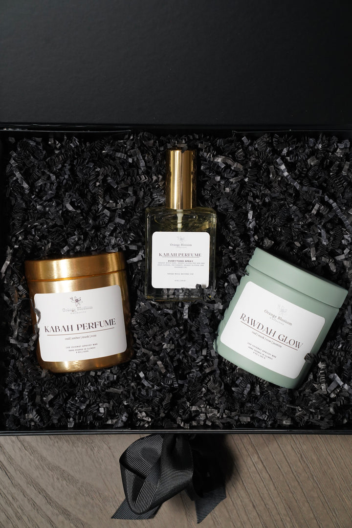 Kabah Perfume Luxe Box gold candle tin Rawdah Glow green candle tin everything spray black box OBC handmade Illinois