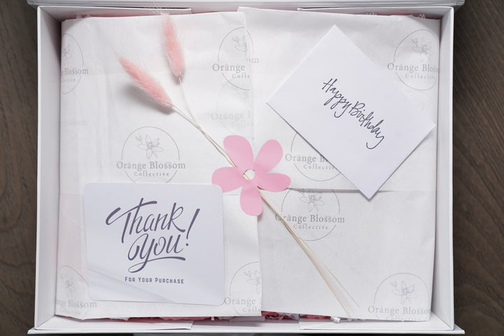 Little Luxe Box thank you card OBC tissue paper pink gift presentation kids handmade Illinois Orange Blossom Collective