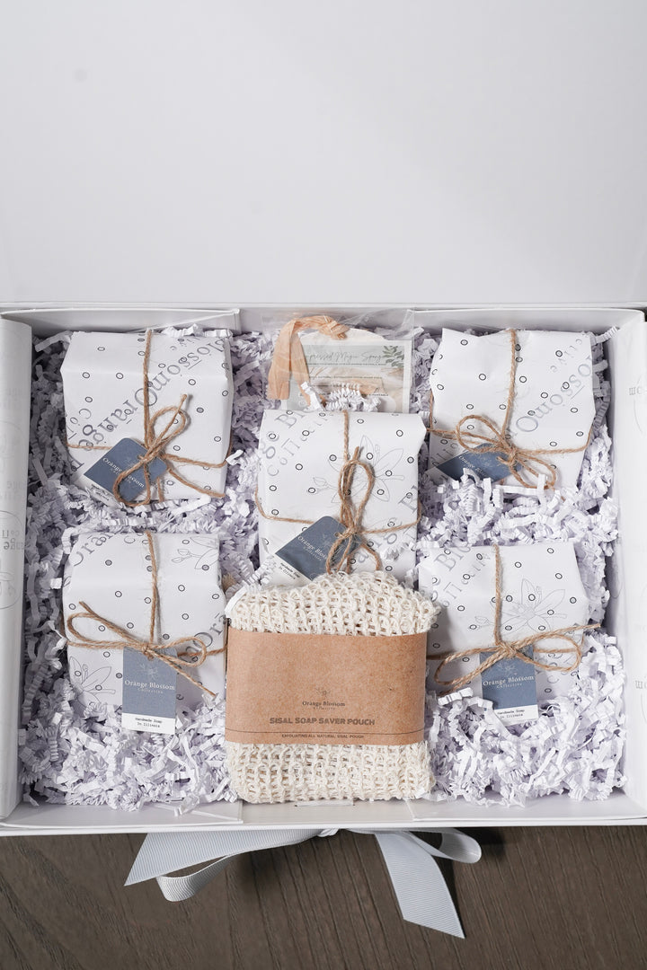 The Luxe Soap Collection 5 OBC handcrafted soap bars twine wrapped natural sisal mesh bag white gift box OBC Illinois