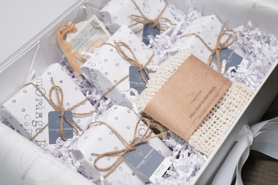 The Luxe Soap Collection handcrafted soap bars close up twine OBC signature paper natural sisal mesh bag Illinois