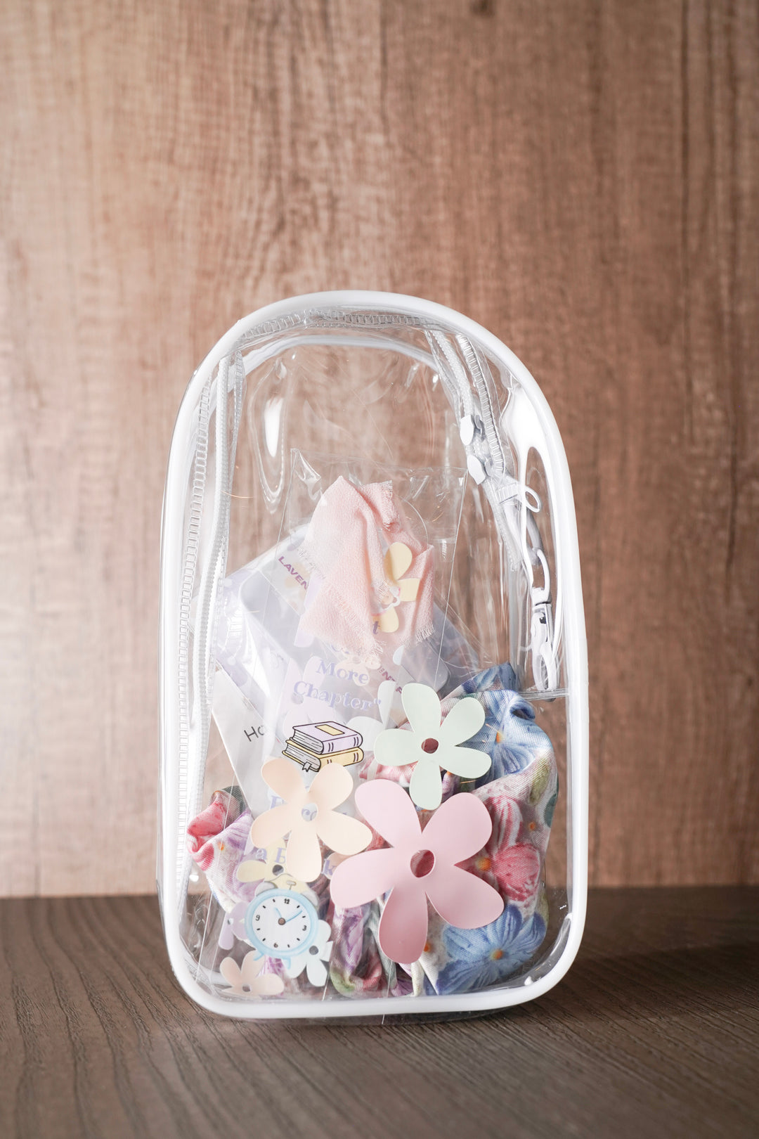 Little Petal Care Kit clear bag side view handmade scrunchies natural lavender lip balm kids gift Orange Blossom Collective