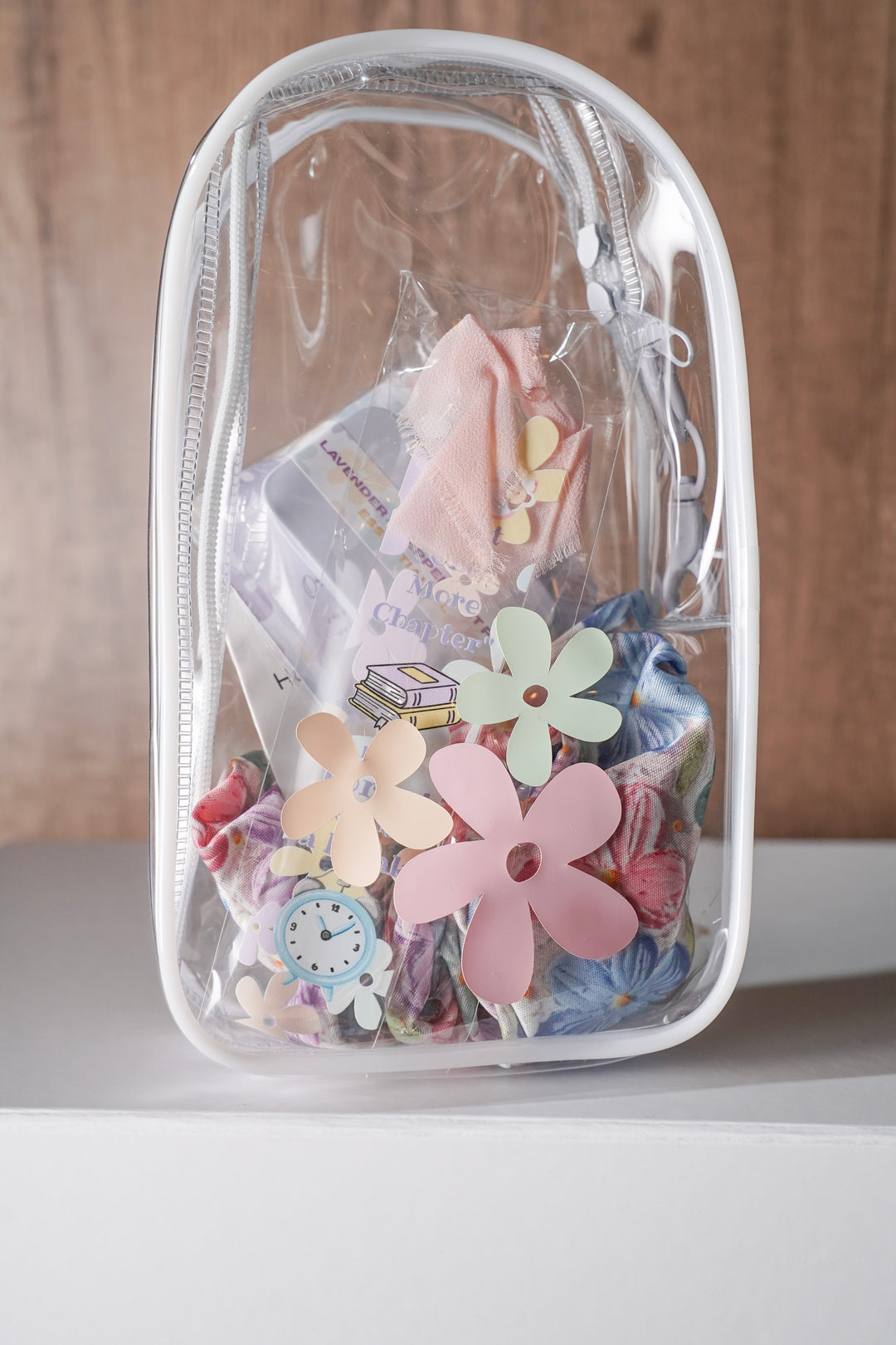 Little Petal Care Kit clear zip bag dye-free scrunchies lavender lip balm bookmark paper flowers kids OBC Illinois