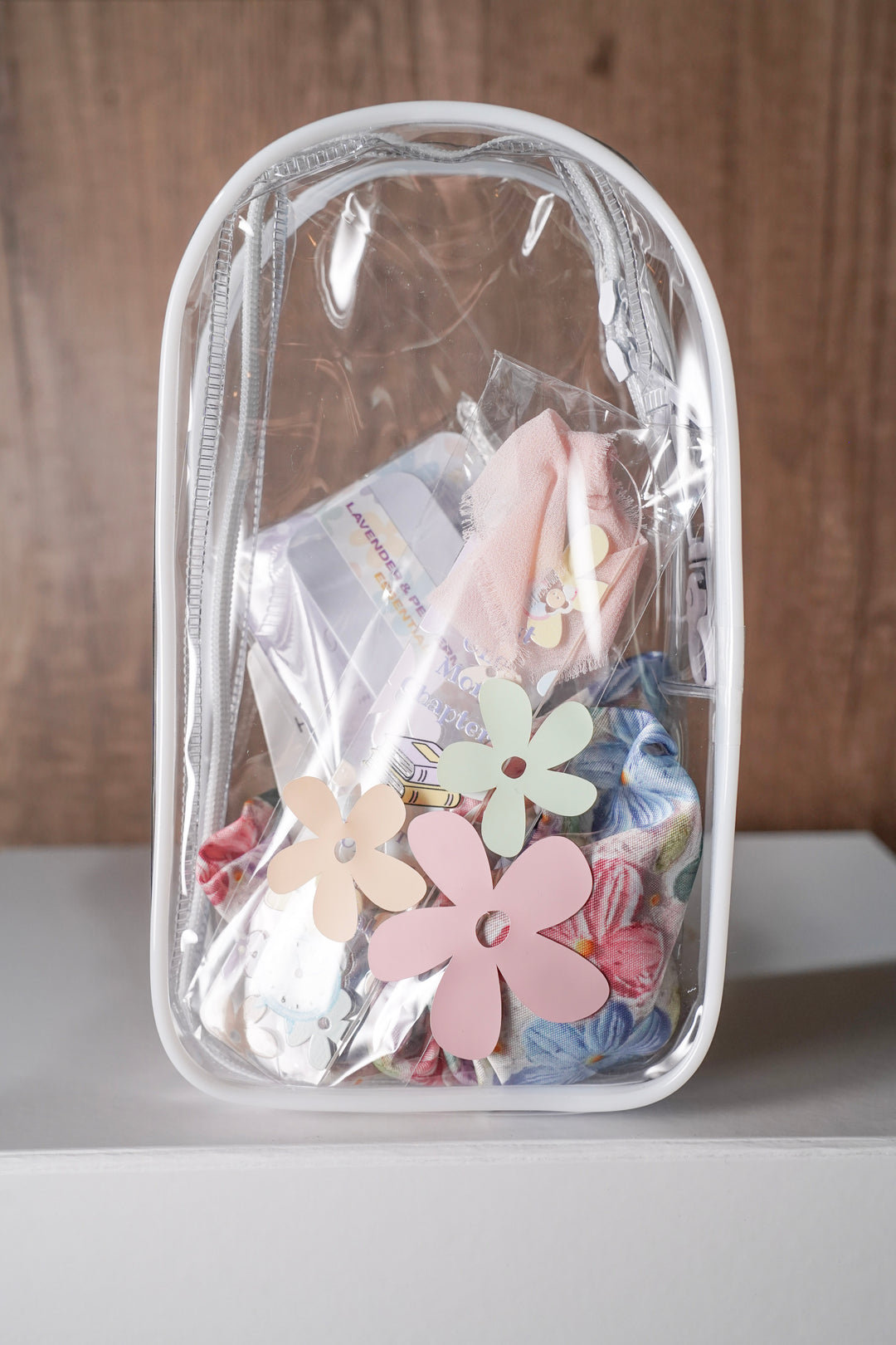 Little Petal Care Kit clear zip bag front angle dye-free scrunchies lavender essential oil lip balm kids OBC Illinois