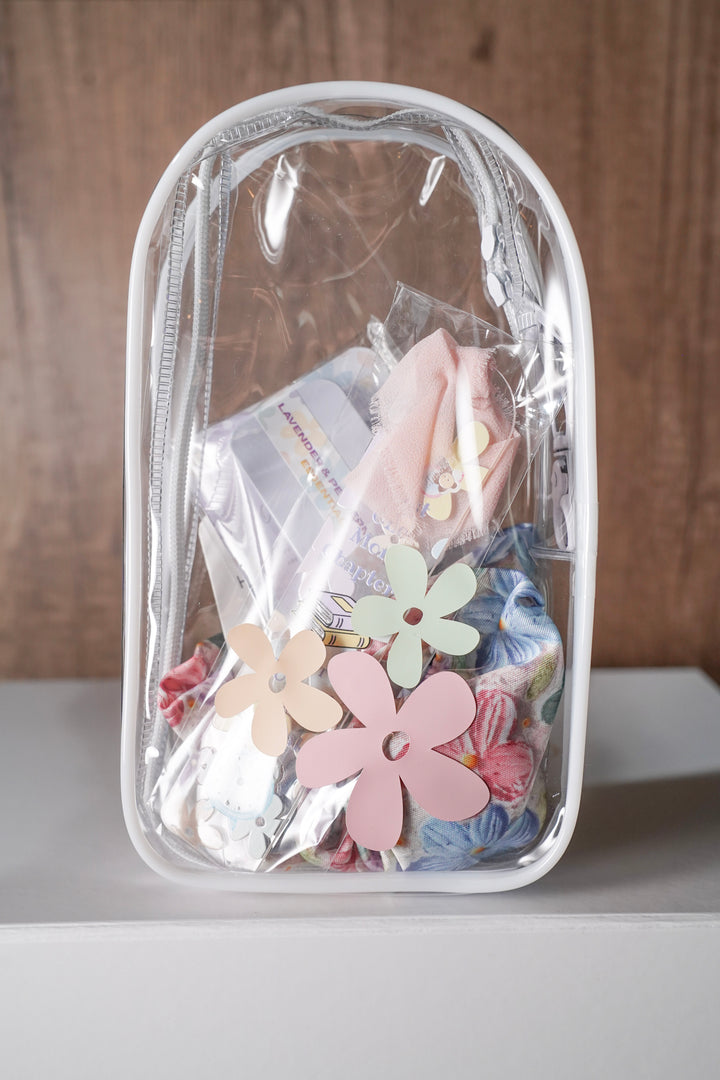 Little Petal Care Kit clear zip bag front angle dye-free scrunchies lavender essential oil lip balm kids OBC Illinois