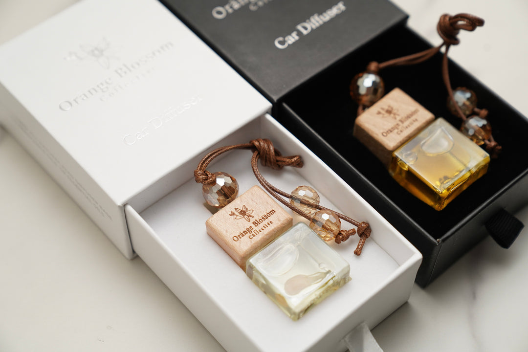 OBC Car Diffuser white box and black box open jasmine amber oud orange blossom fragrance oil handmade Illinois