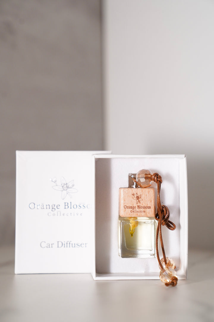 OBC Car Diffuser white box open Orange Blossom fragrance oil glass bottle charm handmade Illinois