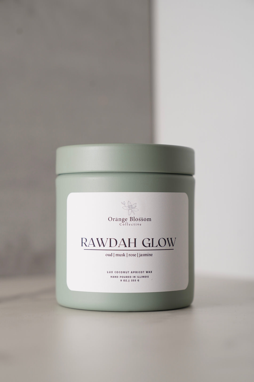 Rawdah Glow candle 8oz sage green tin oud musk rose jasmine coconut apricot wax handmade Illinois Orange Blossom Collective