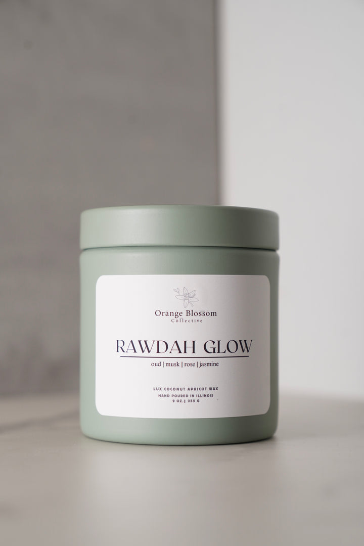 Rawdah Glow candle 8oz sage green tin oud musk rose jasmine coconut apricot wax handmade Illinois Orange Blossom Collective