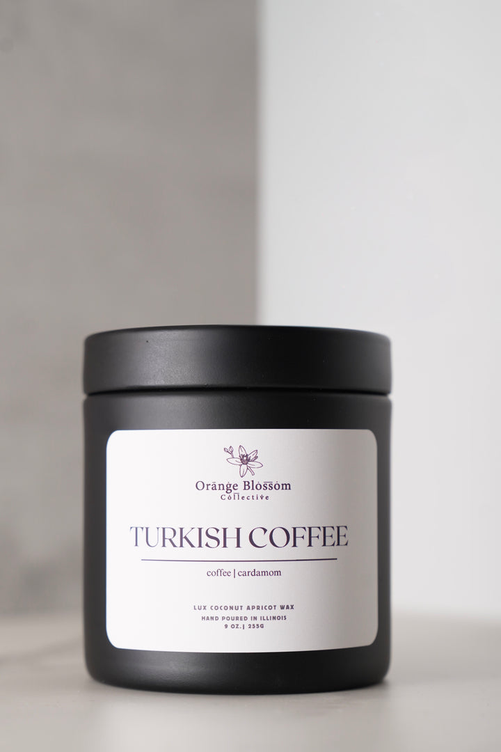 Orange Blossom Collective Turkish Coffee candle in matte black tin, 9 oz coconut apricot wax, coffee and cardamom scent, hand poured in Illinois