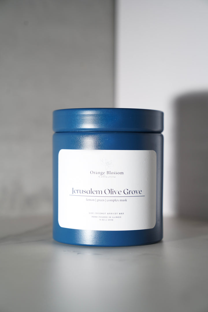 Jerusalem Olive Grove candle 9oz blue tin coconut apricot wax cotton wick handmade Illinois Orange Blossom Collective