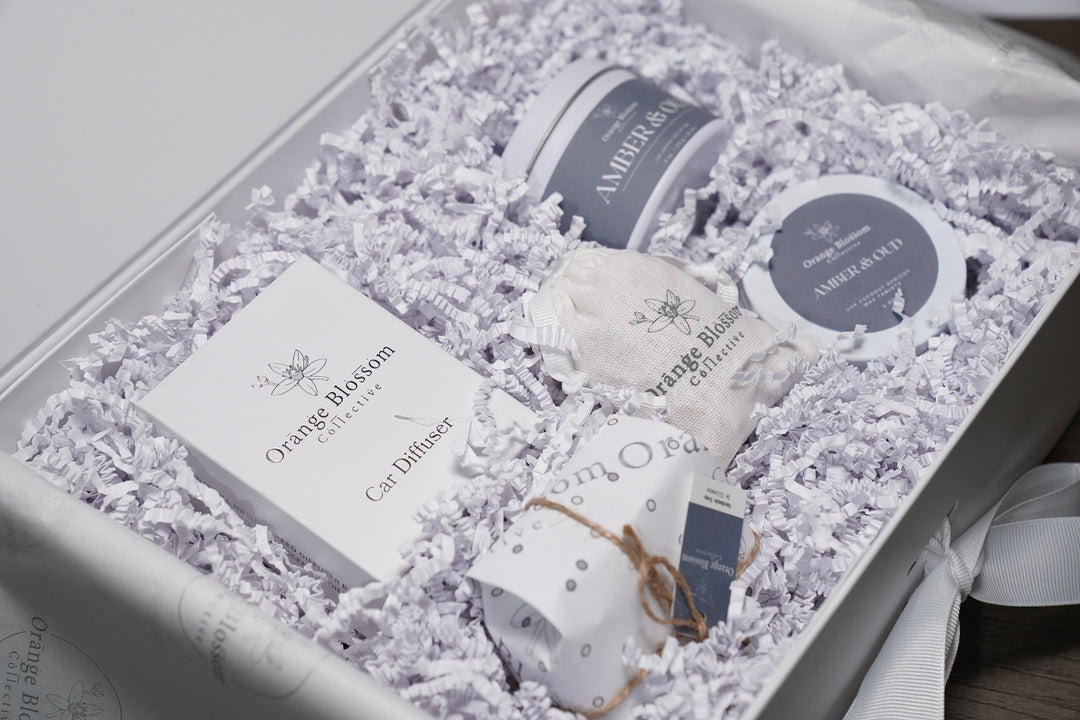 Birthday Gift Box white box Amber Oud candle wax melt car diffuser OBC muslin bag handmade soap Illinois