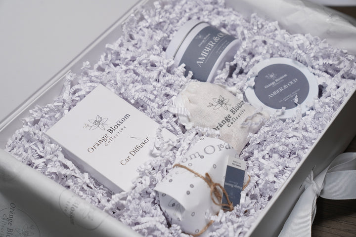 Birthday Gift Box white box Amber Oud candle wax melt car diffuser OBC muslin bag handmade soap Illinois