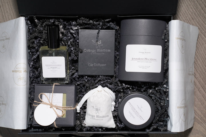 Birthday Gift Box black box open Jerusalem Olive Grove candle everything spray wax melt handmade soap OBC
