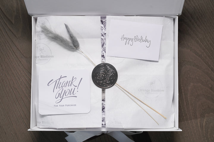 Birthday Gift Box white box silver wax seal Happy Birthday card thank you card grey pampas grass OBC