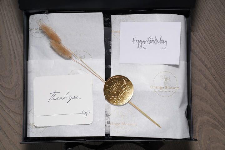 Birthday Gift Box black box gold wax seal Happy Birthday card thank you card pampas grass OBC tissue paper